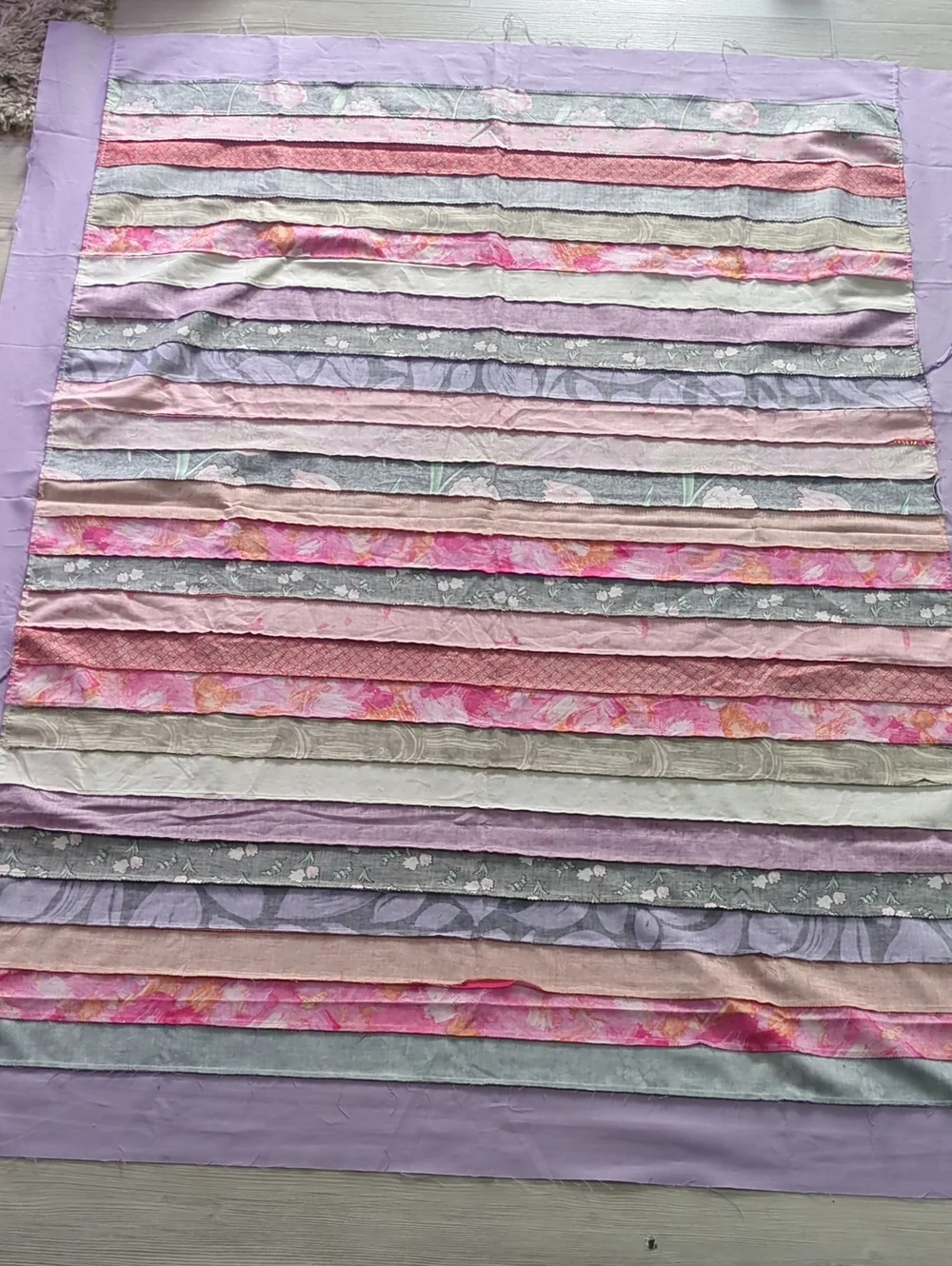 Handmade Unfinished Quilt Top UFO Modern Strip Quilt Purple Pink 49.5 x 62.5